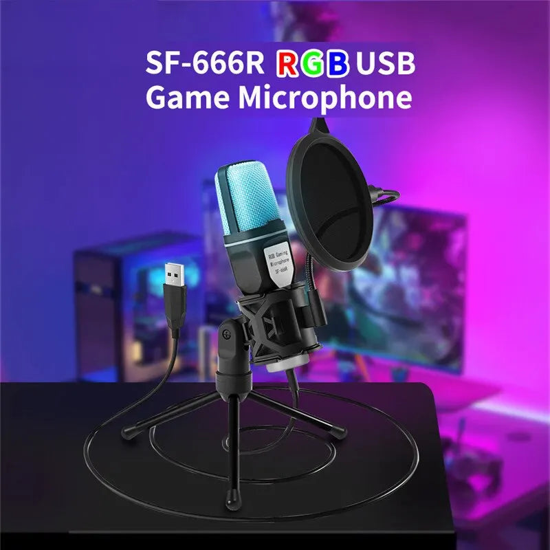 USB Microphone RGB Microfone Condensador Wire Gaming Mic for Podcast Recording Studio Streaming Laptop Desktop PC